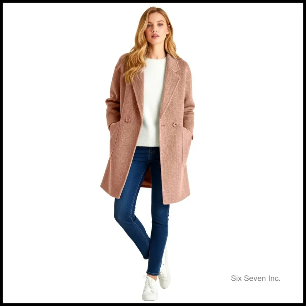 Women's Winter Pea Coat Herringbone Notch Lapel Quilted Lined Trench Jacket - Picture 1 of 6